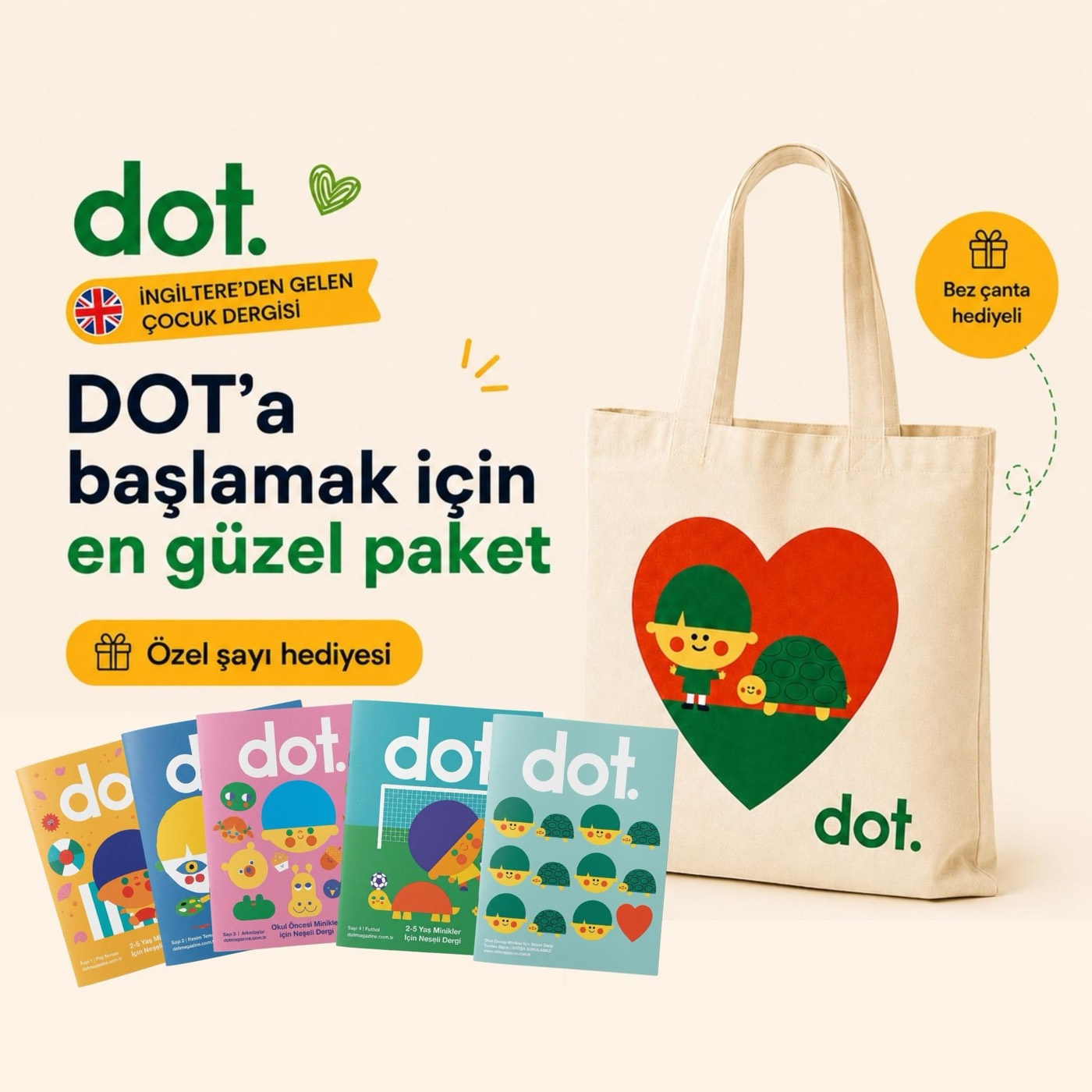 Dot Dergisi Tanışma Paketi — 5 sayı ve Dot & Pat bez çanta